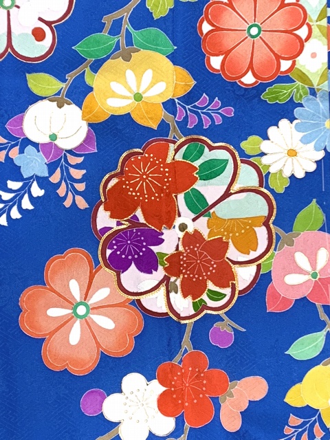 七五三 7歳 着物 女の子用 正絹 手描 盛金加工 金駒刺繍 古典柄 絵羽
