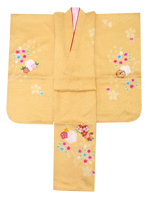 七五三の着物 7歳 女の子 絞り 総刺繍柄の着物 正絹 単品 日本製【黄色