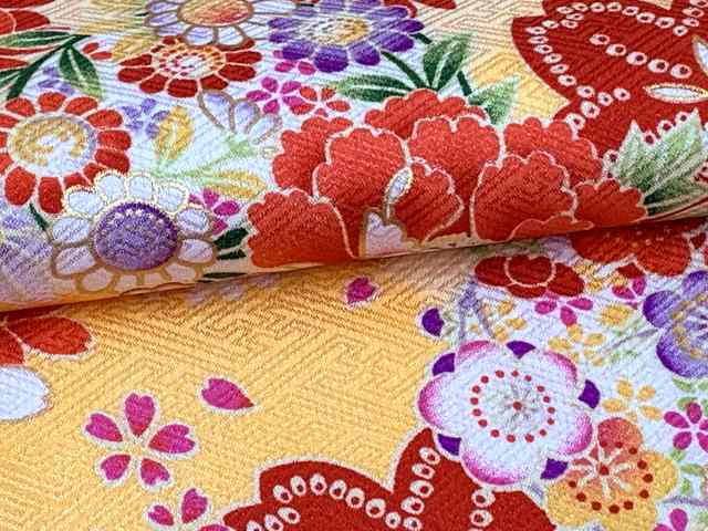 七五三 着物 7歳 女の子 総柄の子供着物 単品 合繊【黄色、菊と牡丹】