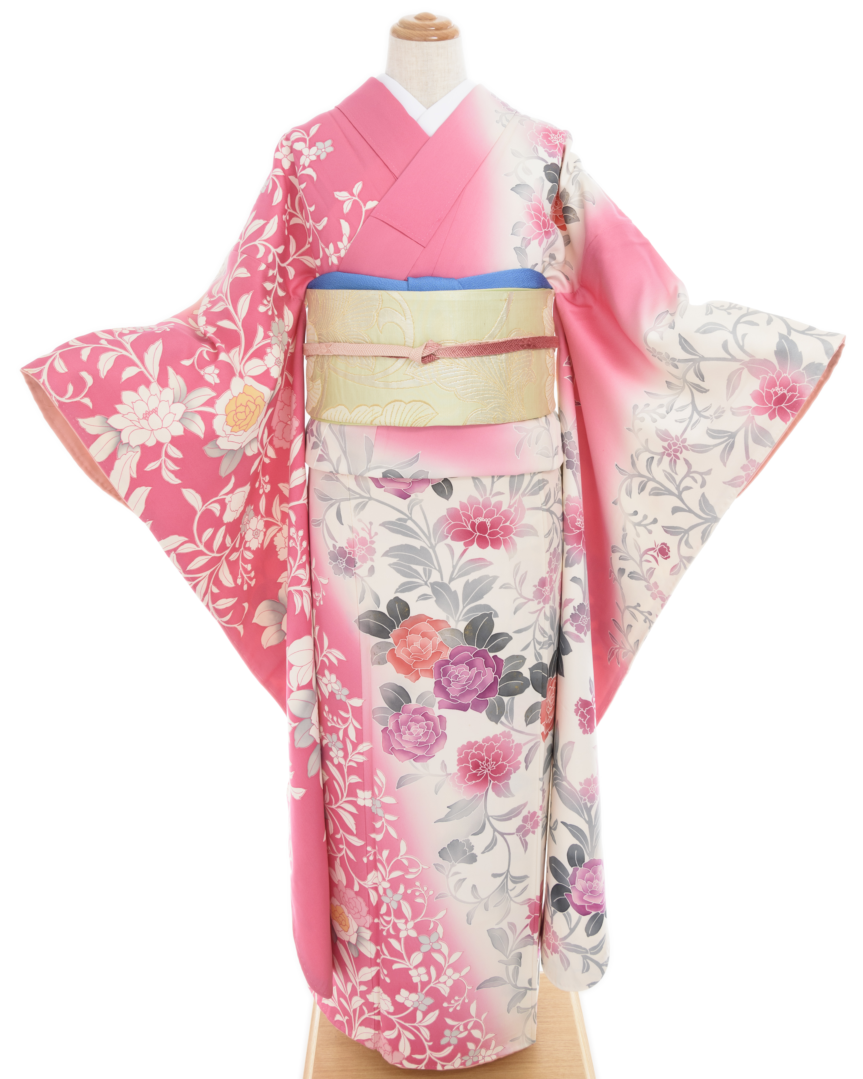 振袖 ピンク&白に薔薇 - からん::アンティーク着物・リサイクル着物の