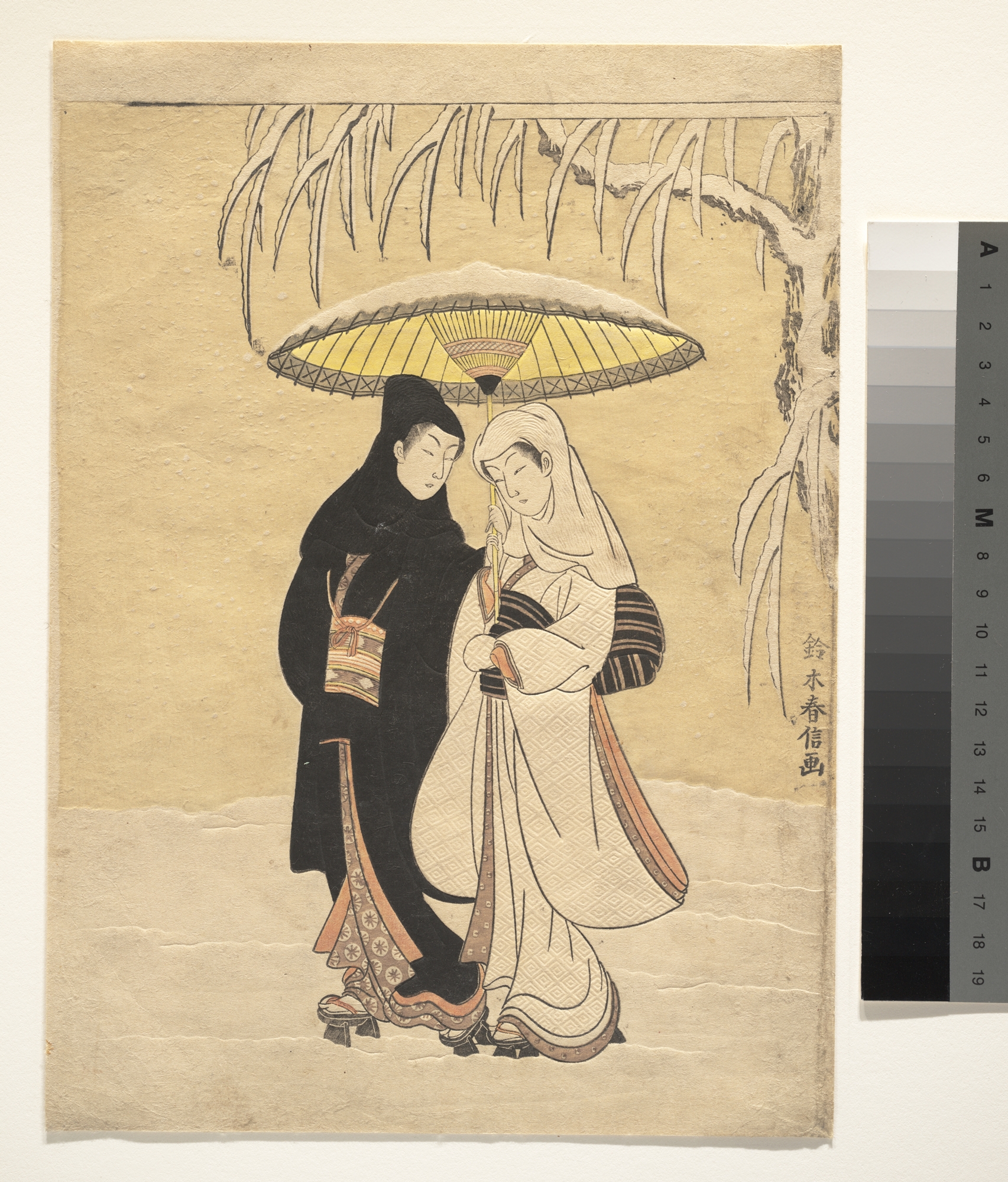 鈴木春信による浮世絵「Lovers Walking in the Snow (Crow and Heron)」