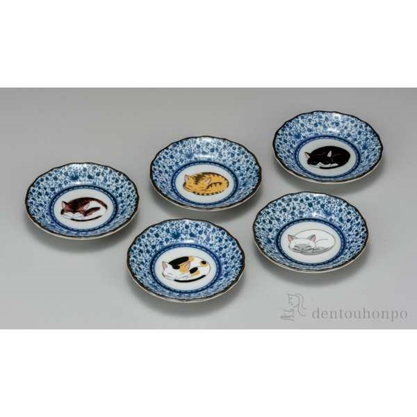 送料無料】 皿揃 眠り猫 4号 5枚セット / 和食器セット お皿 揃える
