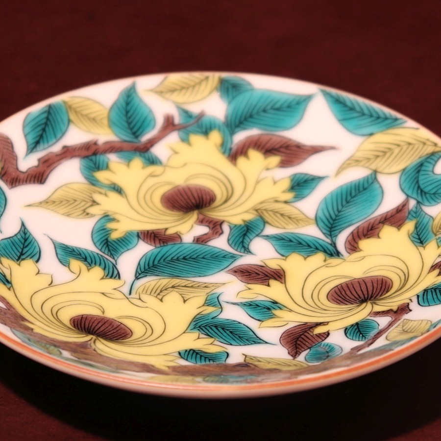 966 九谷焼 做古九谷手 折紙牡丹絵 大皿 角福 時代物 30cm 未使用 2026