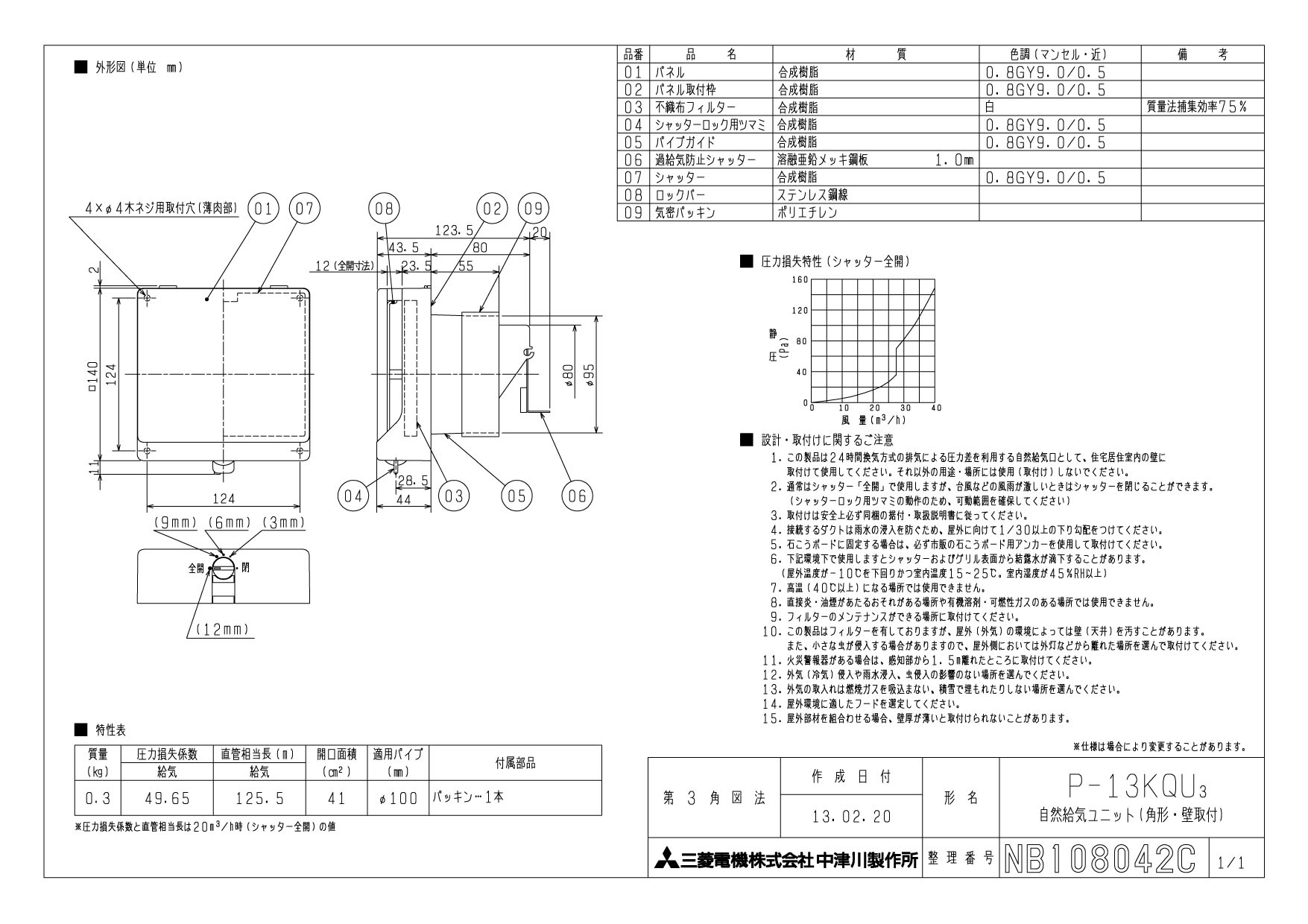 P-13KQU3 | 換気扇 | 自然給気ユニット(角形・壁取付)三菱電機 給気