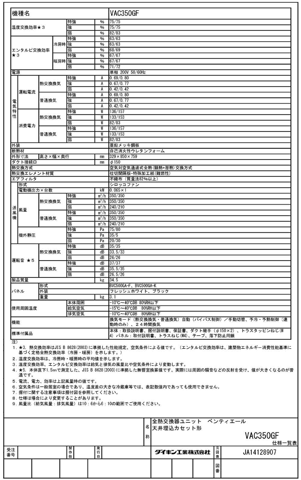 VAC350GF | 業務用・工業用換気扇 | ○ダイキン 業務用換気機器全熱