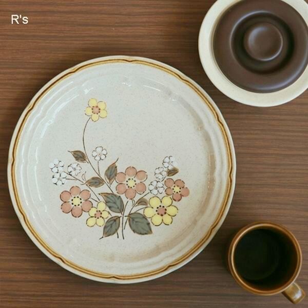 レトロ Crown Manor ストーンウェア 26cmプレート 花柄 未使用品（サ