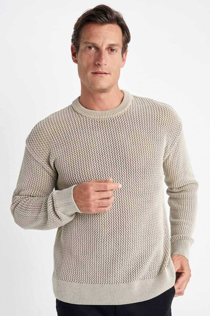 Beige MAN Relax Fit Crew Neck Textured Knitted Pullover 3136746