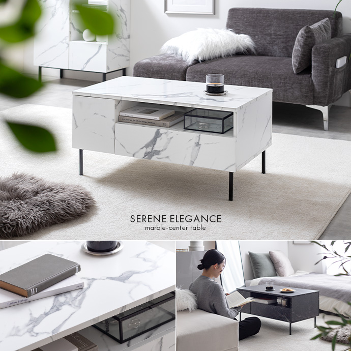 g159063]【幅80cm】大理石柄引き出し付きセンターテーブル 木製