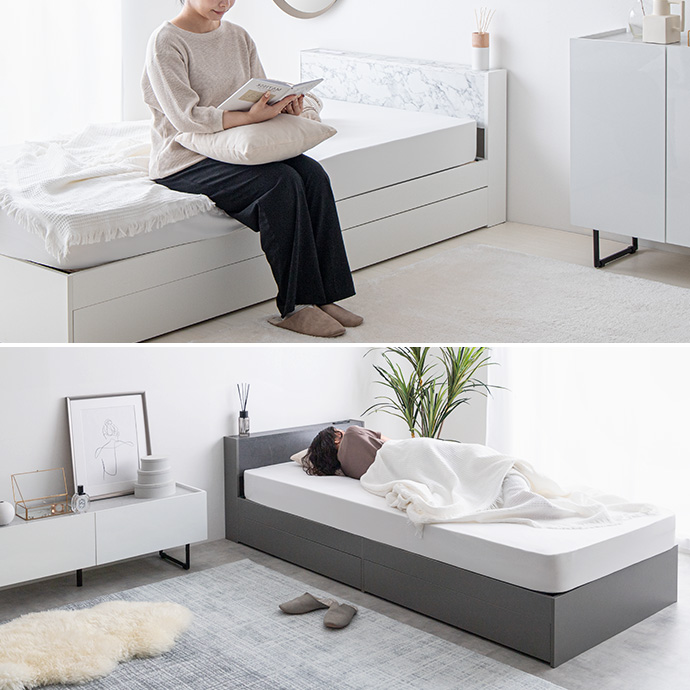 g134066]【シングル】宮棚&コンセント付引き出し収納ベッド 収納付き