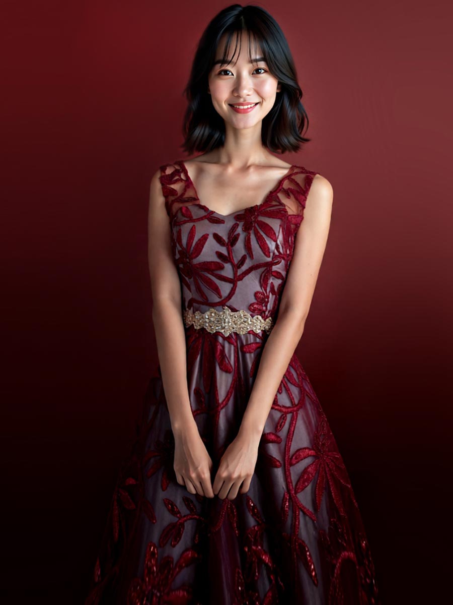 ワインレッドスパンコール花柄刺繍×シルバーグレーサテンのAライン