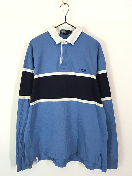 古着 Polo Ralph Lauren 水色×紺×白 ラガー ラグビー シャツ L 古着
