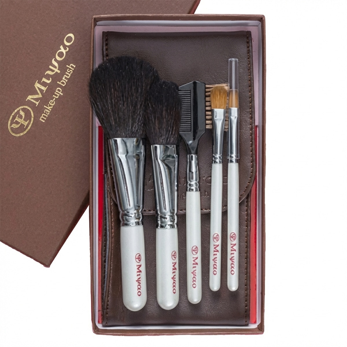 熊野筆メイクブラシ5本セット＆携帯用化粧ポーチ[ショート軸タイプ