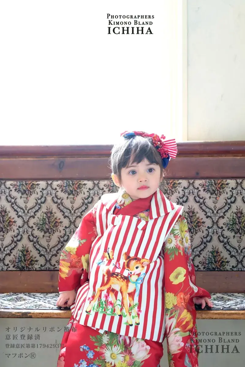 508ag78◎七五三 三歳 女の子 アンティーク着物&被布 レトロ 扇 赤◎ 3歳