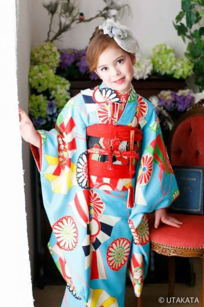 着物 七五三 レトロ 水色 女の子 アンティーク 7歳 5歳 7歳七五三