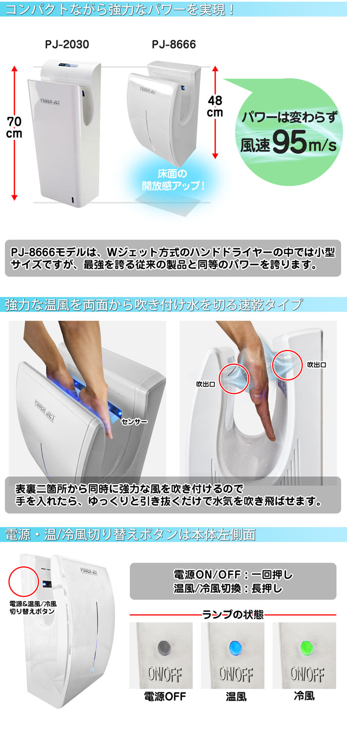 ハンドドライヤーW強風タイプ【パワージェット/PJ-8666】ホワイト - e