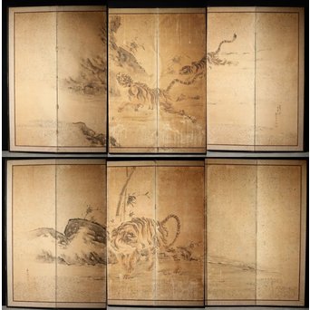 白井華陽 虎の図 六曲一双紙本水墨屏風 Z243｜骨董店 のびる 古美術