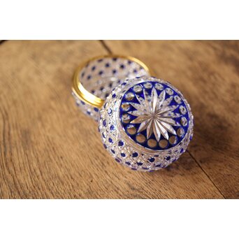 江戸切子 堀口硝子 須田秀石 瑠璃被 籠目紋 蓋物/棗 共箱 Y044｜骨董店