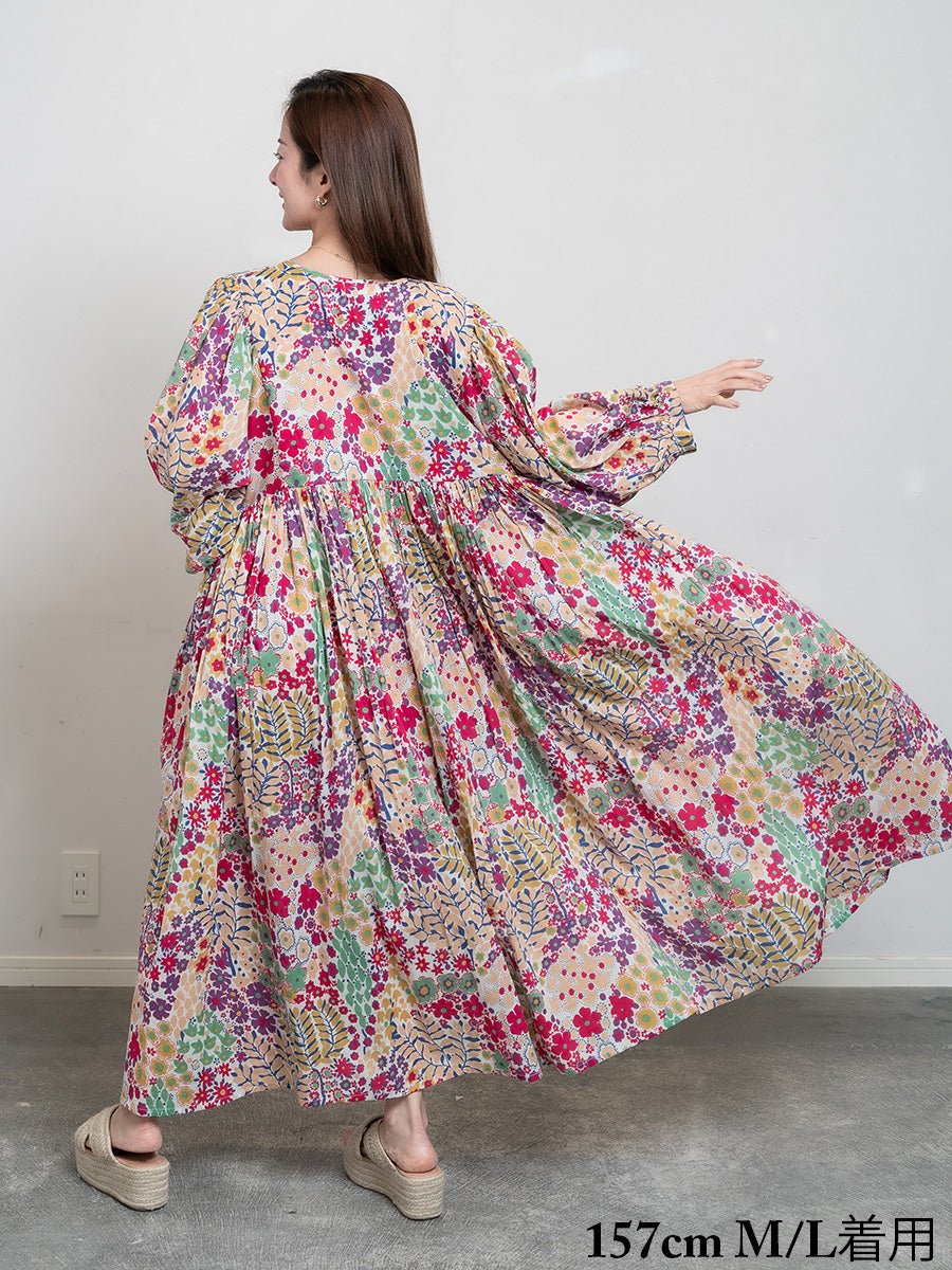 Eighty Seven(エイティセブン)インド綿フレア長袖ワンピース/カラフル