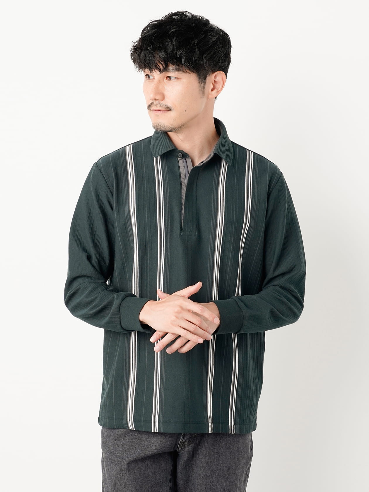 3buy40%OFF！対象商品】ランダムタックストライプ長袖ポロシャツ