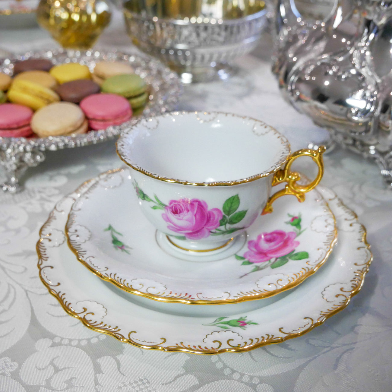 マイセン-ピンクローズ-トリオ - 英国アンティークス アンティーク