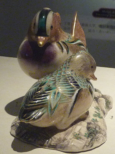 人気作家 沐向作 彩釉 オシドリ 鴛鴦 置物 共箱 在銘品 人気作家 沐向