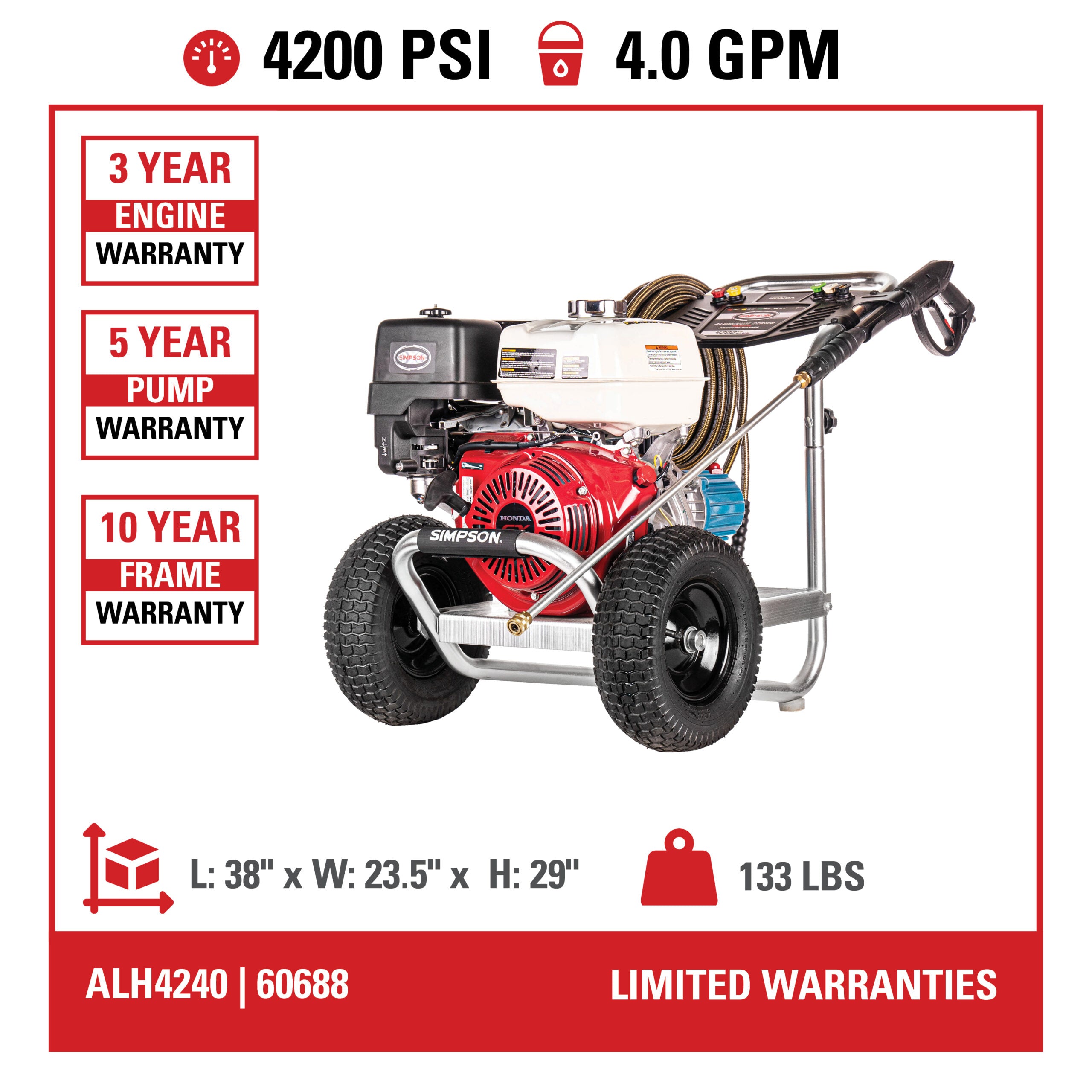 Simpson 4200 PSI 4.0 GPM Gas Cold Water Pressure Washer with HONDA