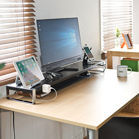 USBハブ・電源タップ付き モニター台 幅100cm スチール製 ブラック YT