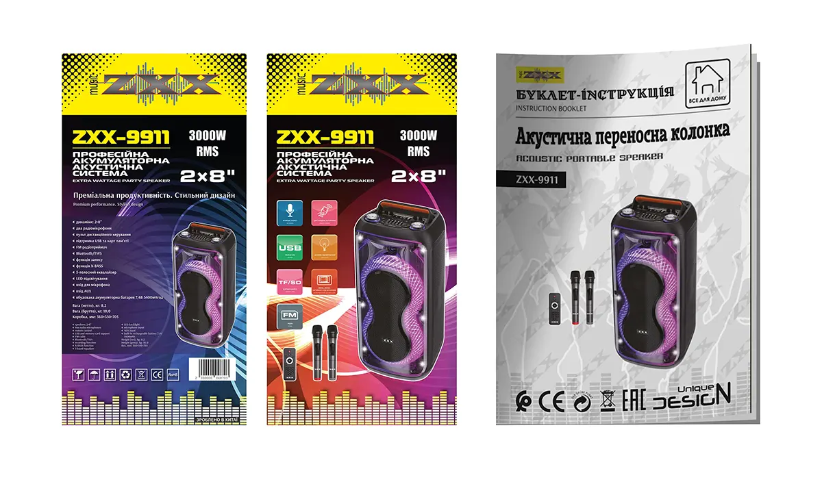 Акустична переносна колонка ZXX-9911 80Вт 2×8″ (інструкція