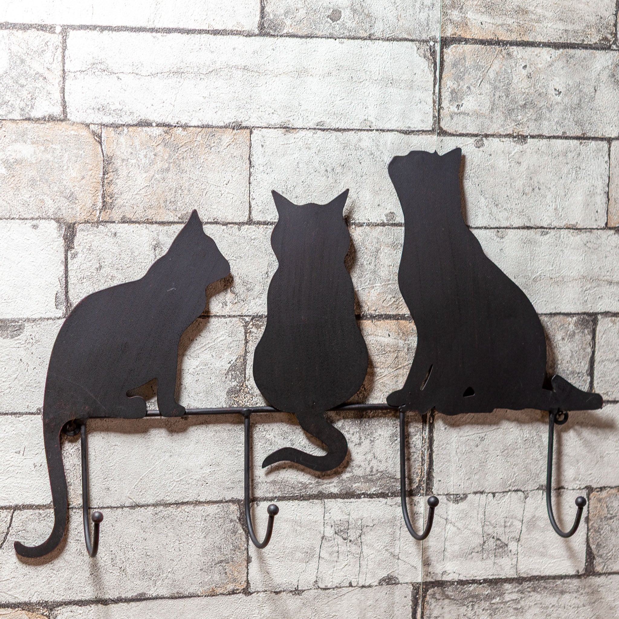 アイアン製 壁掛け ウォール4フック 3匹のネコ シルエット