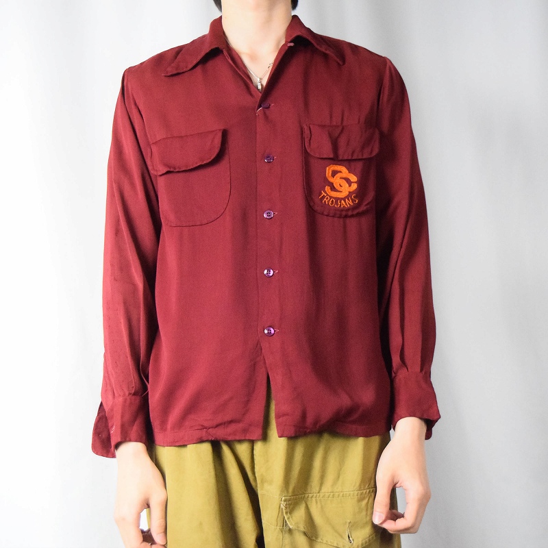 40年代 40s ボルドー えんじ ワインレッド 開襟 長袖│ヴィテージ古着