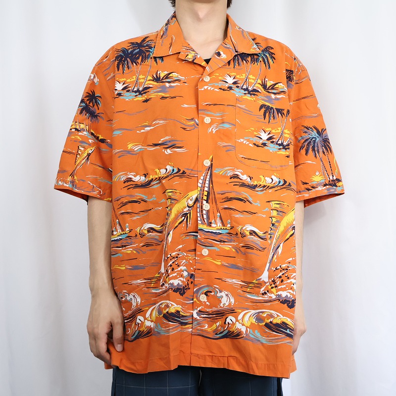 90年代 90s ポロスポーツラルフローレン オレンジ 総柄 開襟シャツ