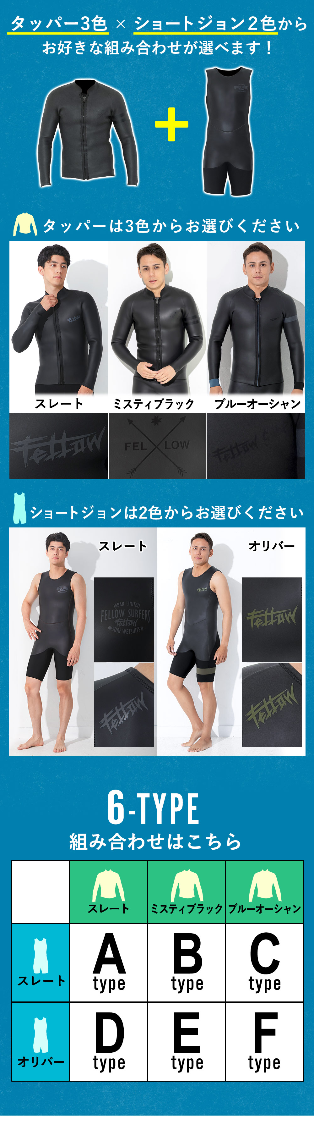FELLOW メンズ スキン ショートジョン2mm ＆ タッパー3mm セット M