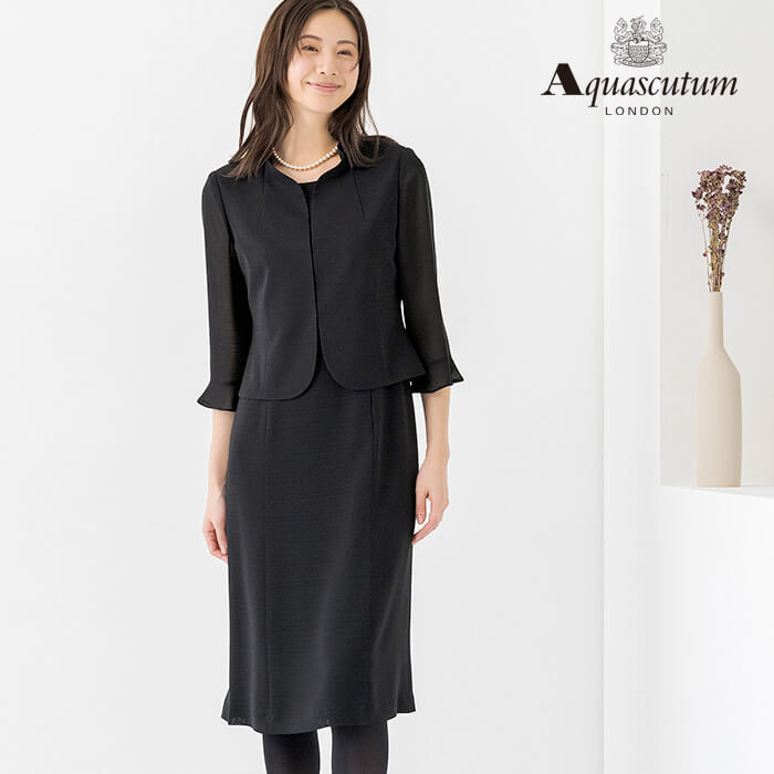 絽｜シルク混素材のフリルカラー夏用ワンピース 9号・ブラック｜東京