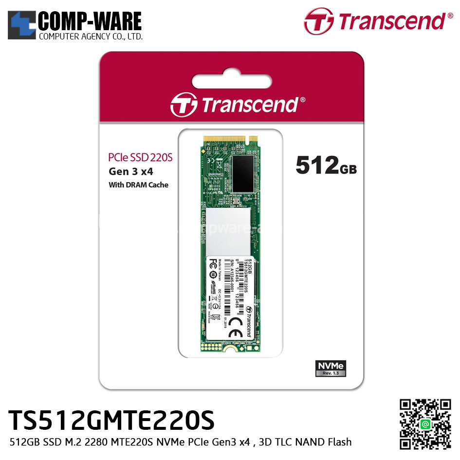 Transcend MTE220S 512GB SSD M.2 2280 NVMe PCIe Gen3 x4 , 3D TLC