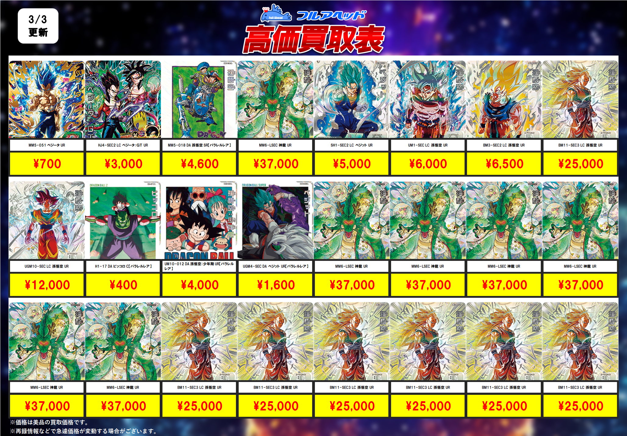 スーパードラゴンボールヒーローズ – 【フルアヘッド】高価買取表