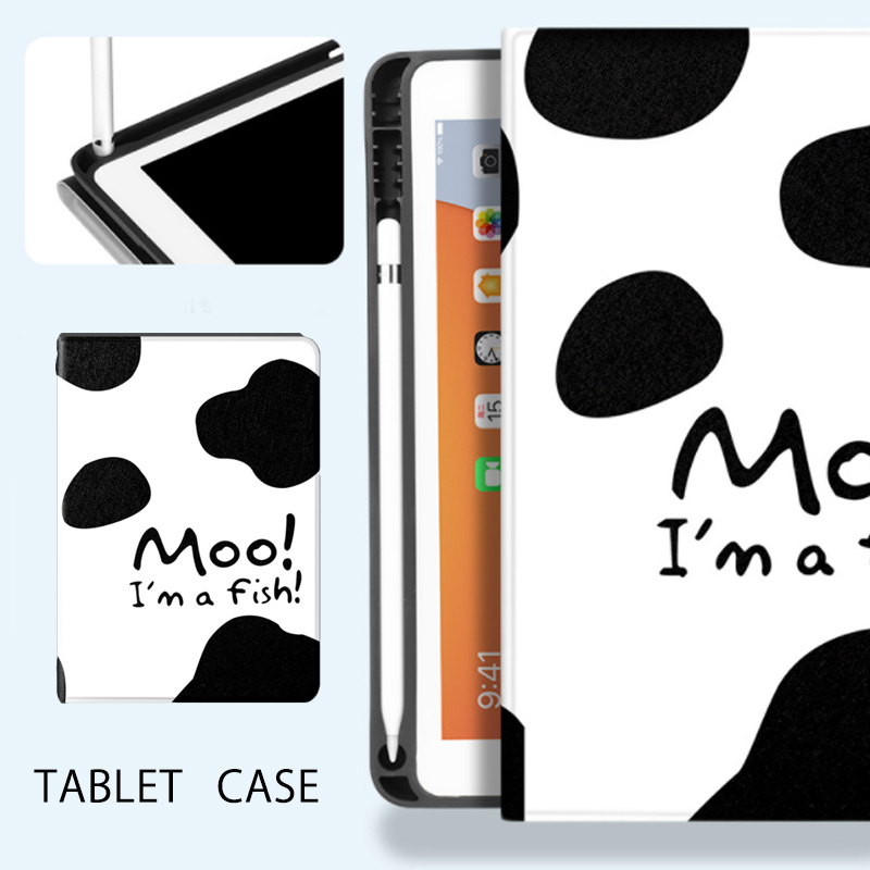 タブレットケース 牛柄デザイン多機能iPadケース スタンド付きペン立て