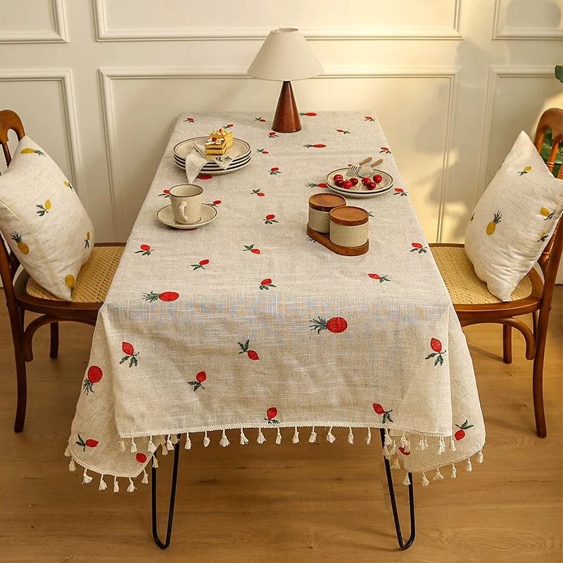 テーブルクロス フルーツ刺繍とフリンジ付きナチュラルリネンテーブル
