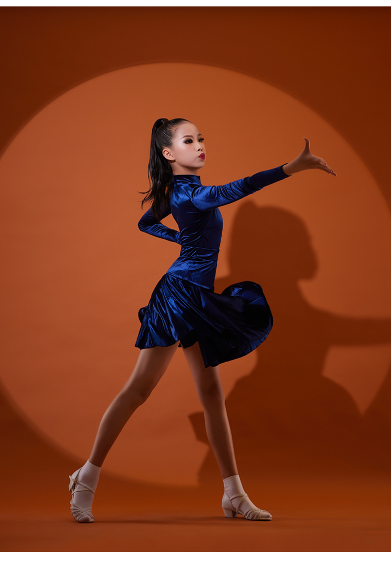 社交ダンス ベルベット フレア ドレス 青 ラテン|社交 ダンス ドレス