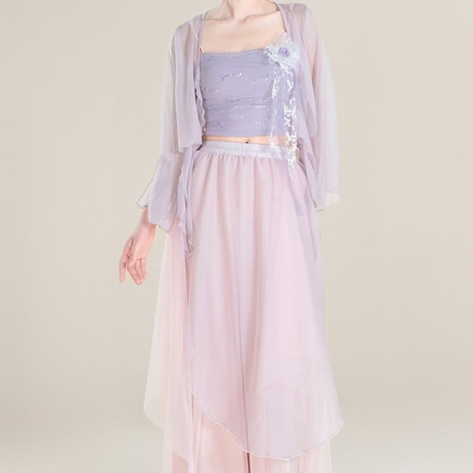 社交ダンス煌めく星空オフショルダーチュールセットアップ モダン|社交