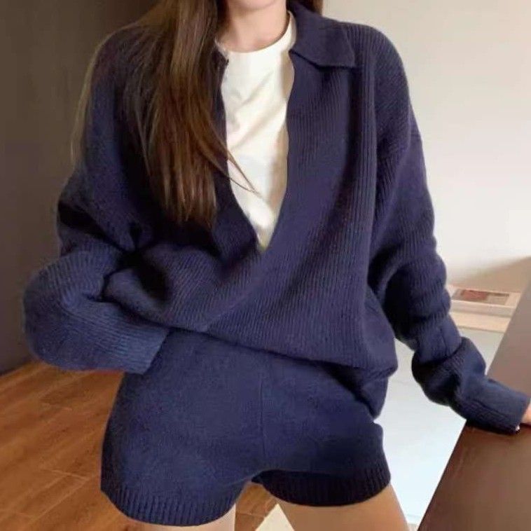 ネイビーコーデ ゆったりニットセットアップ 上下セット セットアップ