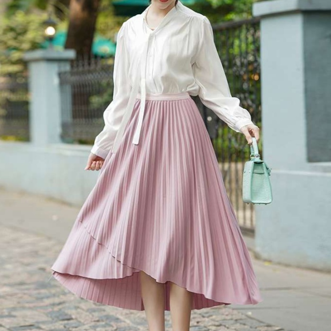 ピンクコーデ アシンメトリープリーツロングピンクスカート スカート