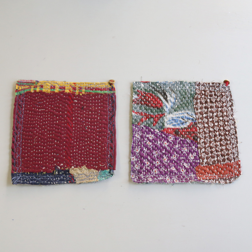 コースター12cm 2枚組 カンタ刺繍 インド刺し子ヴィンテージカンタ