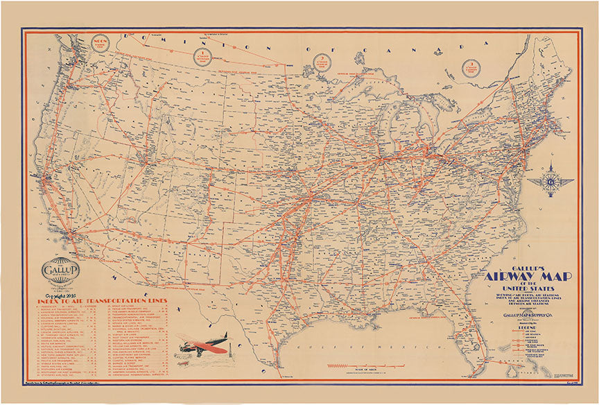 1930s' Vintage Airway Map of the United States Map - Gallup Map
