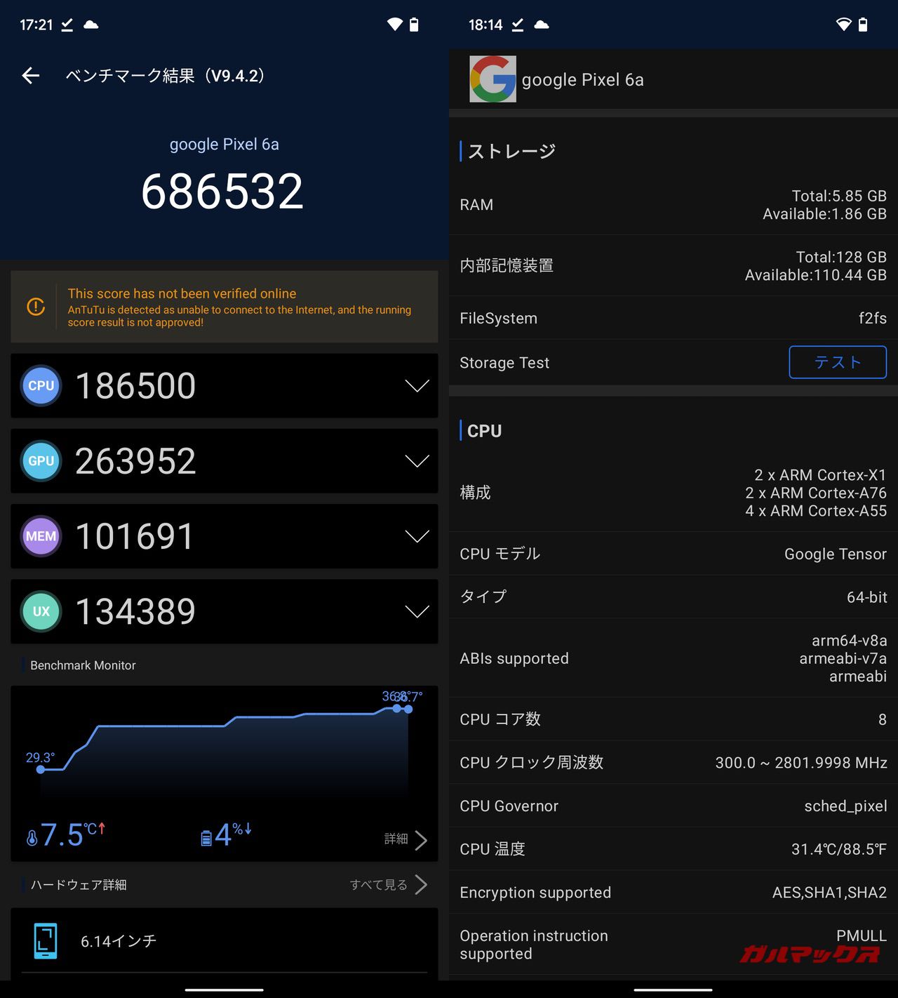 Pixel 6a/メモリ6GB（Google Tensor）の実機AnTuTuベンチマークスコア