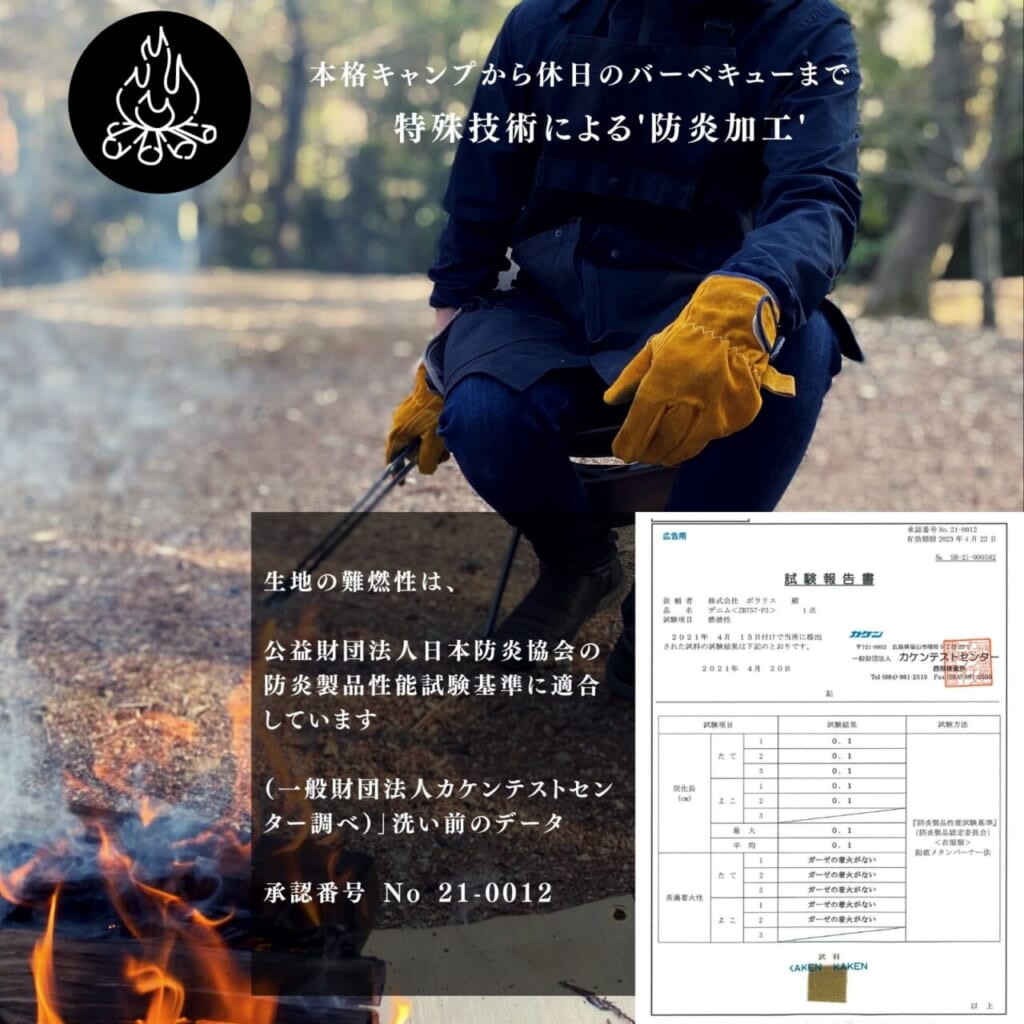 難燃性で焚き火しながら使える岡山の伝統衣料デニム生地のエプロン