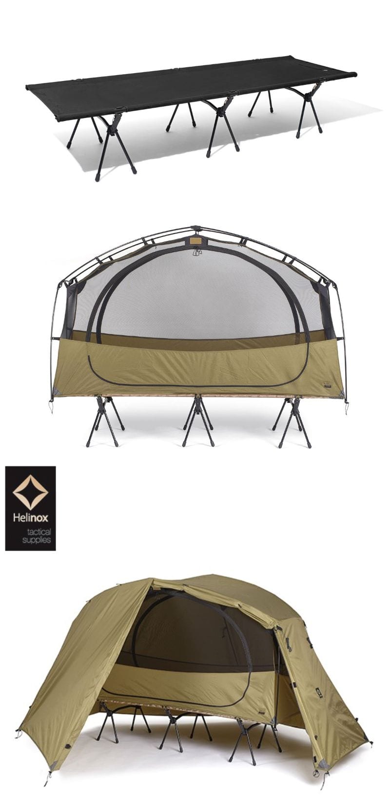 昼間にリラックスしたコットが夜はテントになり就寝。HELINOXの最新作