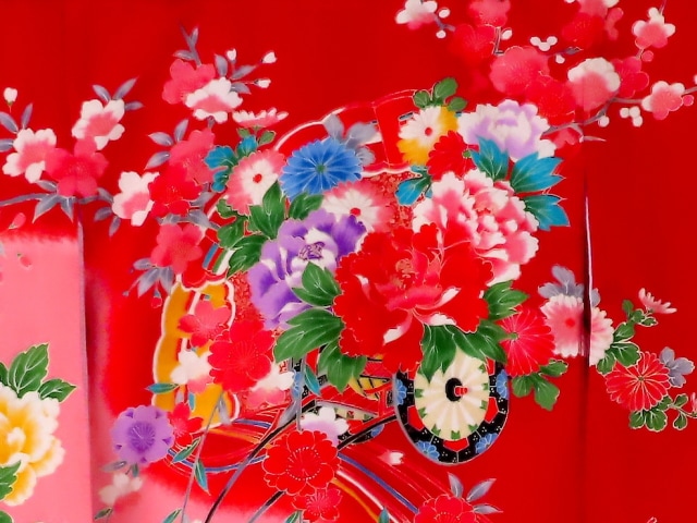 お宮参り着物正絹（初着・産着）女児G1-24 花車に花扇・鼓に蝶々