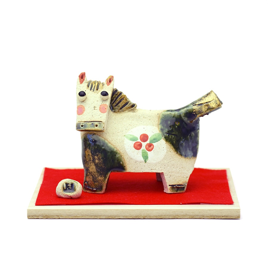 干支 陶器製 馬と子供の置物 桐箱台座付き 干支 陶器製 馬