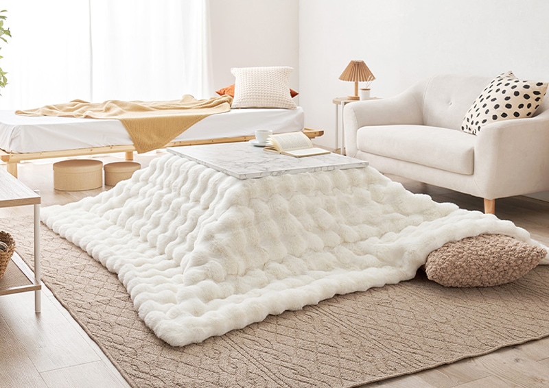 正方形】 薄掛けこたつ布団 ラビットファー調 【Luna】ルナ｜ベッド