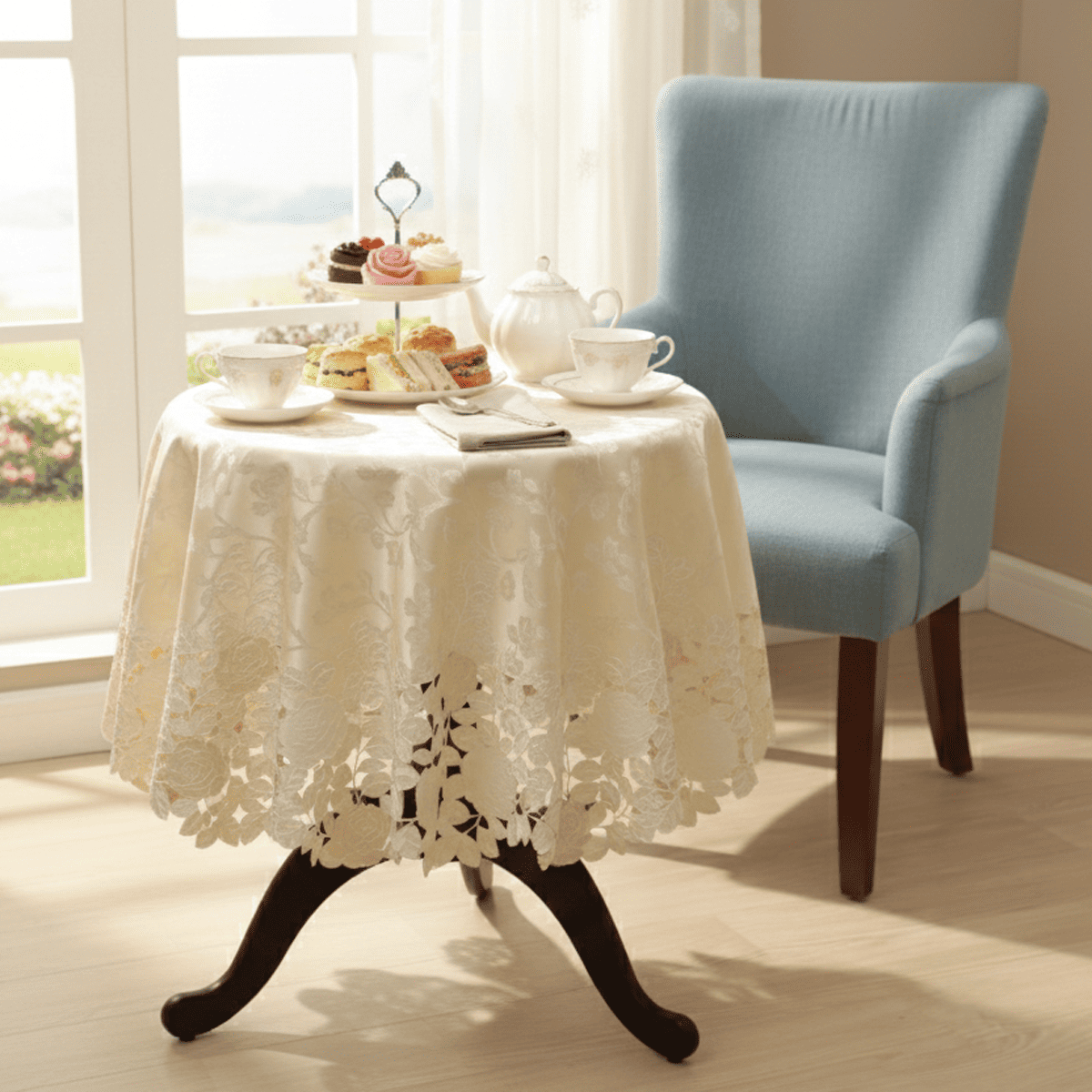 テーブルクロス バラ柄コード刺繍 約150cm [Rosa Fil]｜インテリア